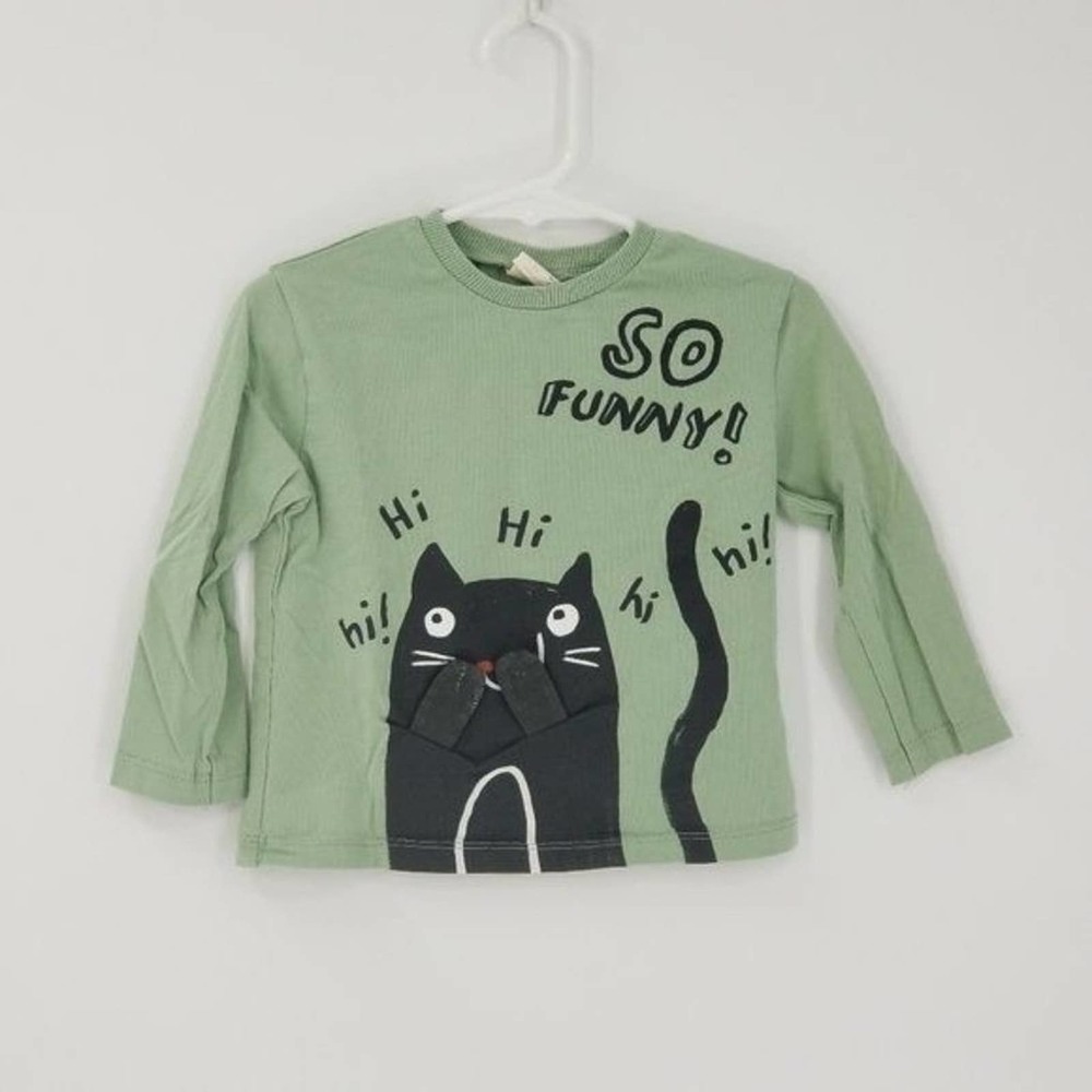 Zara Baby Black Cat Graphic Crew Neck Long Sleeve Top Green Size 9-12 Months